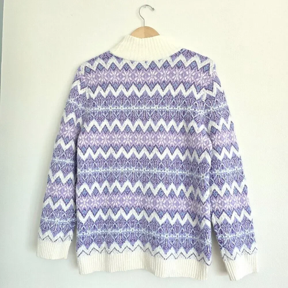 Talbots NWT Wool Blend Lavender Purple Cream White Turtleneck Alpine Sweater